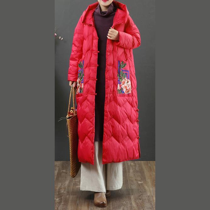 2019 red warm winter coat Loose fitting embroidery pockets down jacket hooded women Jackets - Omychic