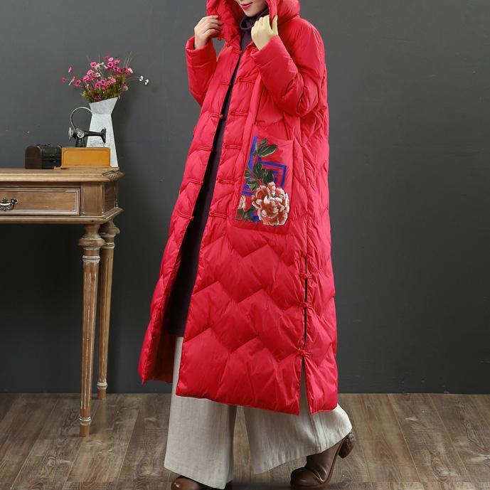 2019 red warm winter coat Loose fitting embroidery pockets down jacket hooded women Jackets - Omychic