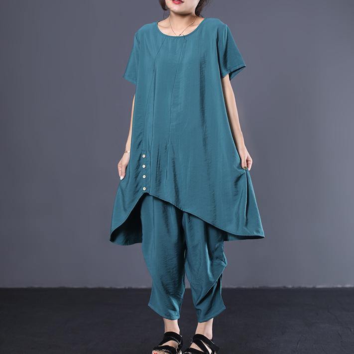 2019 silk blue two pieces asymmetric tops and elastic waist women pants - Omychic