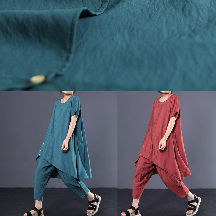2019 silk blue two pieces asymmetric tops and elastic waist women pants - Omychic