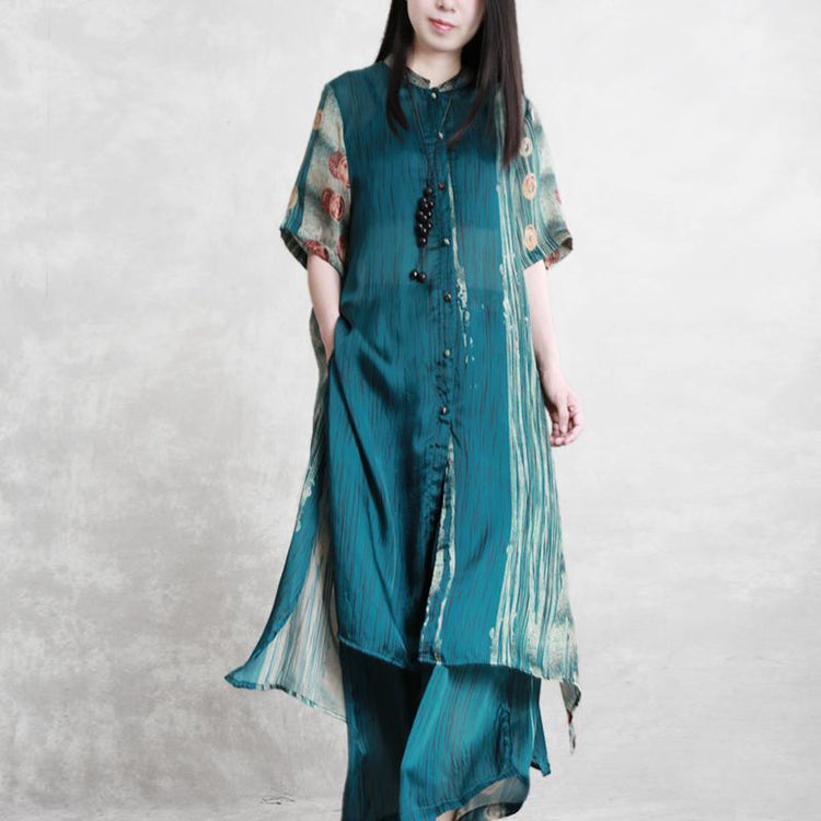 2019 summer new light and loose silky suit dark green printed micro-transparent top + casual wide-leg pants - Omychic