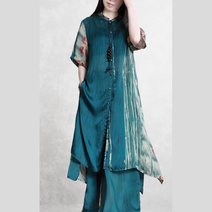 2019 summer new light and loose silky suit dark green printed micro-transparent top + casual wide-leg pants - Omychic
