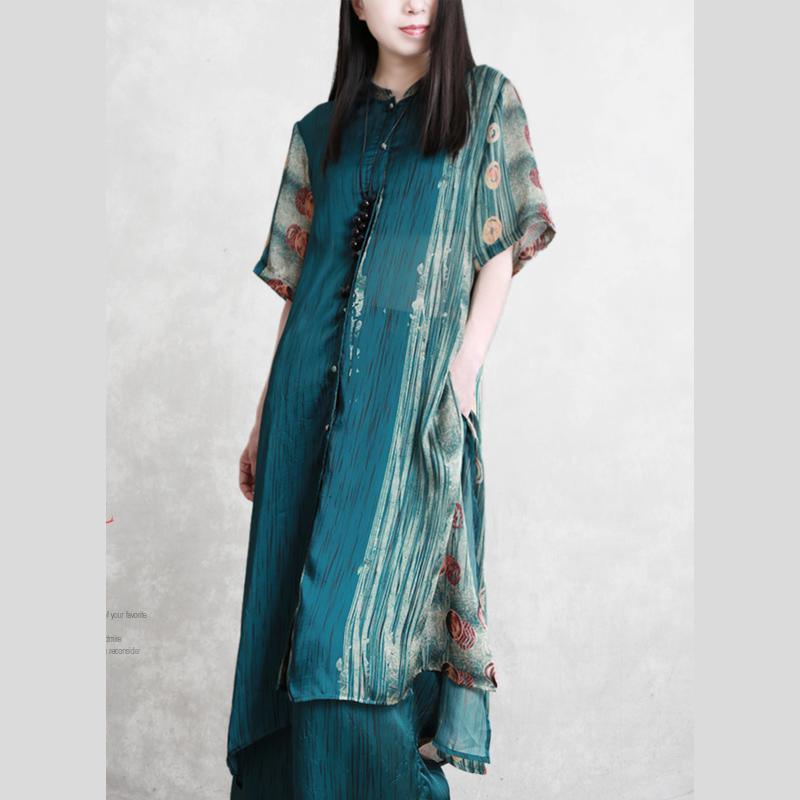 2019 summer new light and loose silky suit dark green printed micro-transparent top + casual wide-leg pants - Omychic