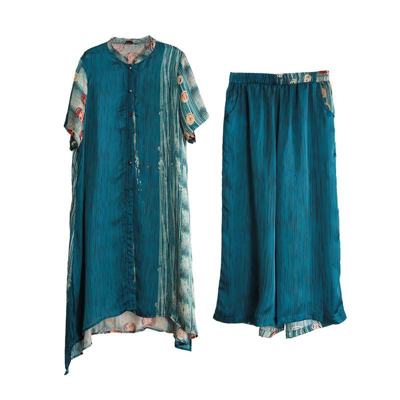 2019 summer new light and loose silky suit dark green printed micro-transparent top + casual wide-leg pants - Omychic