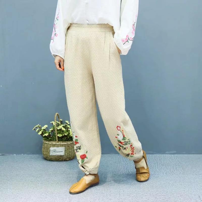 2019 summer nude linen pants loose embroidery elastic waist pants - Omychic