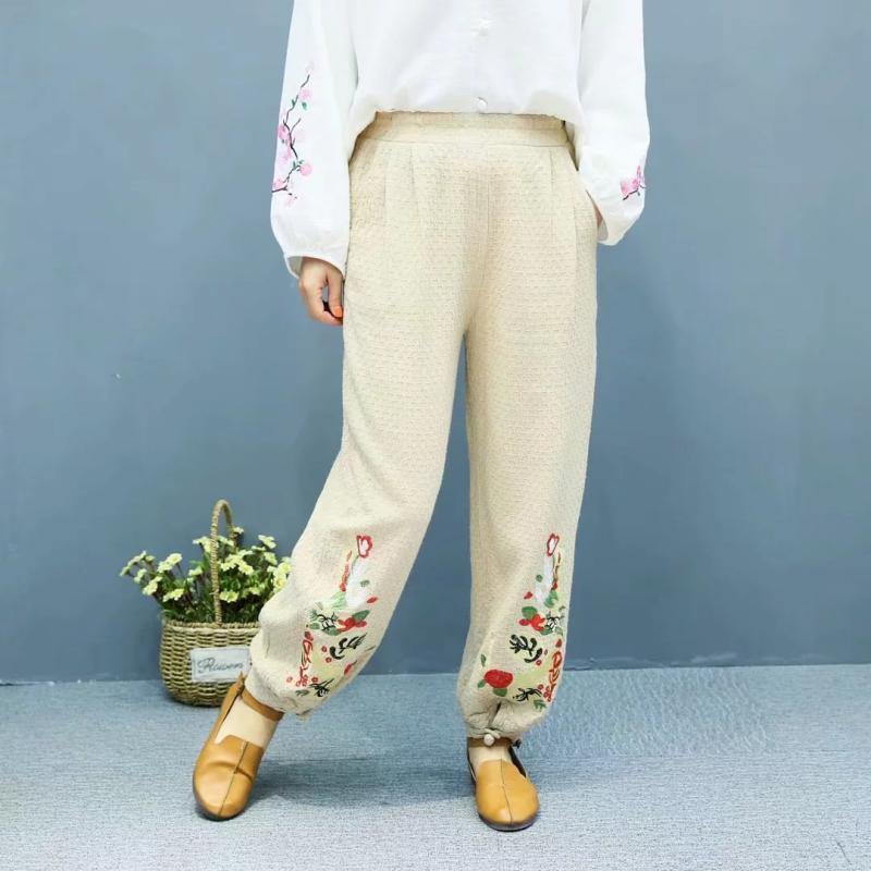 2019 summer nude linen pants loose embroidery elastic waist pants - Omychic