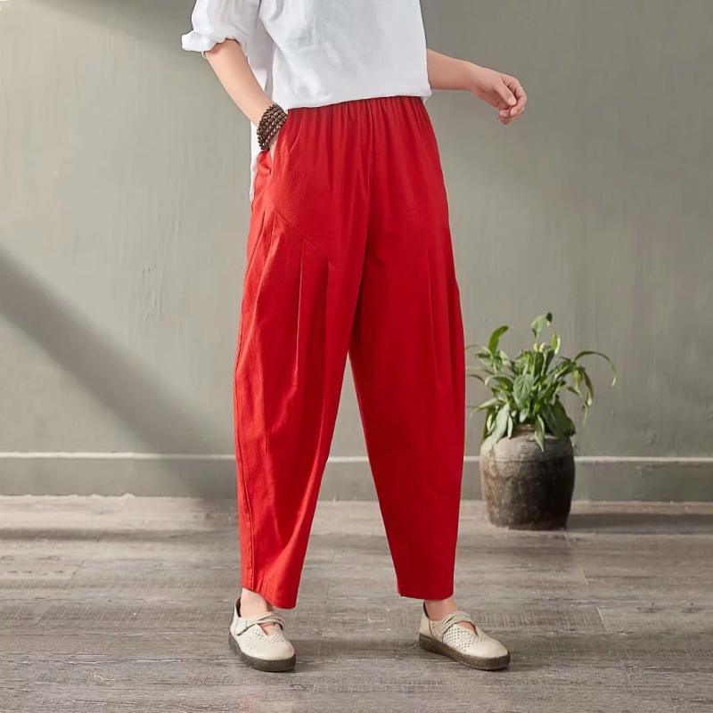 2019 summer red women linen harem pants loose slim casual pants - Omychic