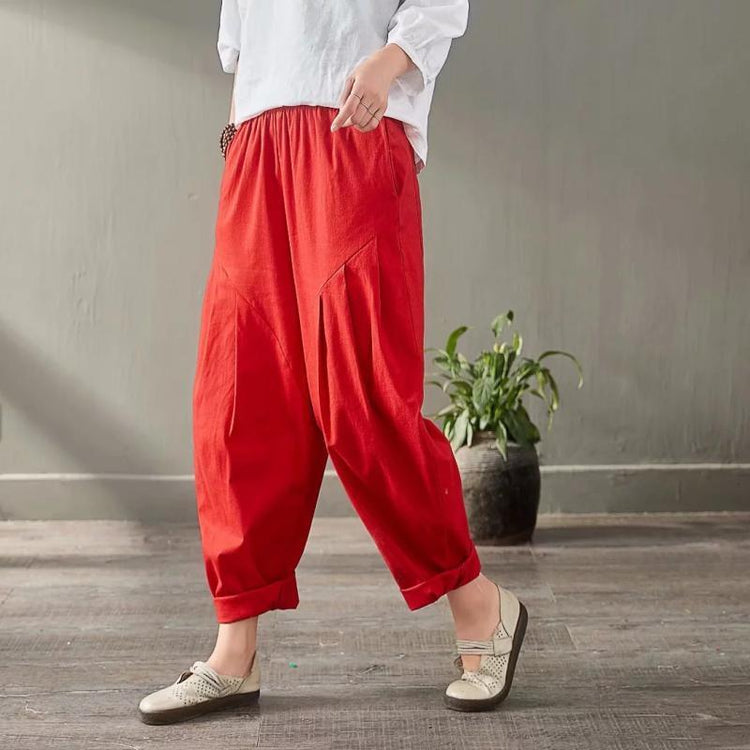 2019 summer red women linen harem pants loose slim casual pants - Omychic