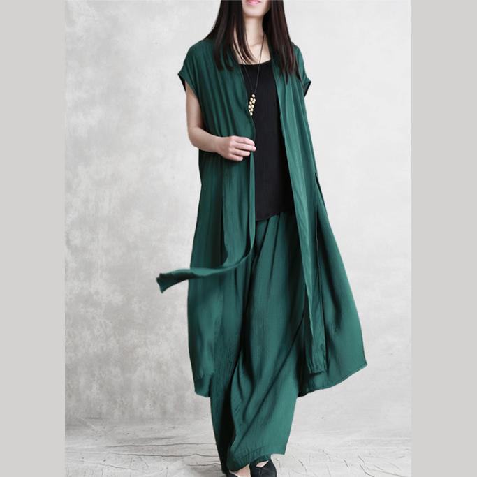 2019 summer style silk set long outer cover + wide leg pants drape thin slim green casual suit - Omychic