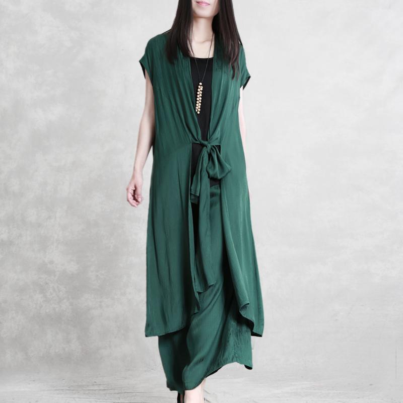 2019 summer style silk set long outer cover + wide leg pants drape thin slim green casual suit - Omychic