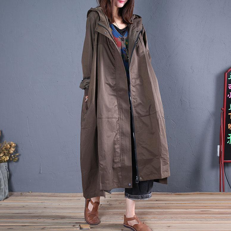 2019 trendy plus size long coat fall women coats army green hooded zippered overcoat - Omychic