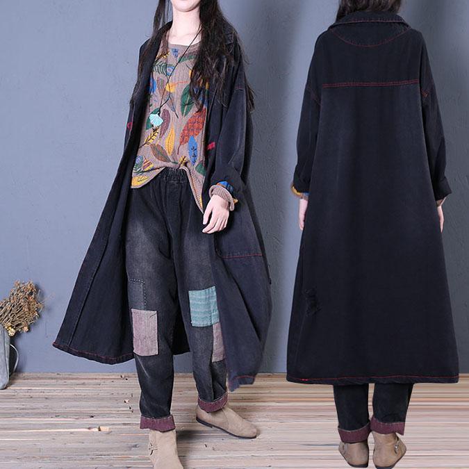 2019 trendy plus size maxi fall outwear denim black Notched Large pockets coats - Omychic
