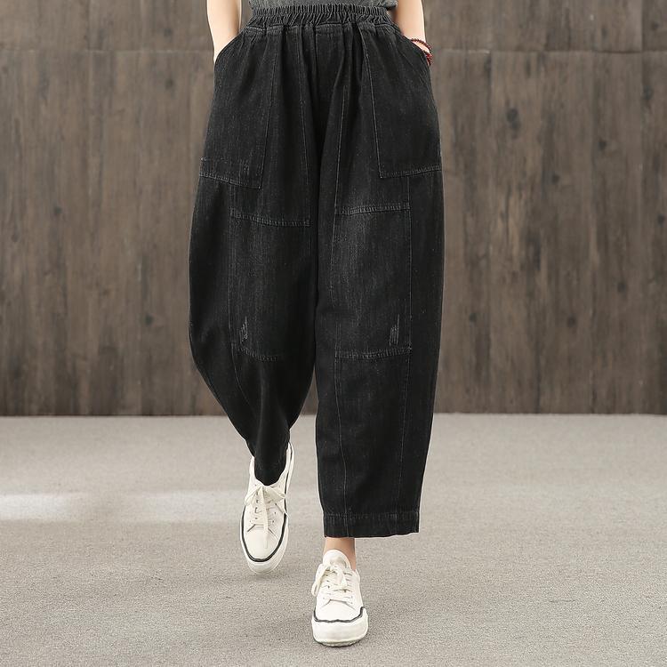 2020 retro washed denim black new trousers loose - Omychic