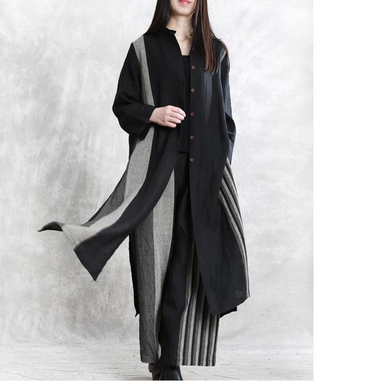 2020 spring linen stand collar suit women's long shirt was thin stripe cardigan wide leg pants - Omychic