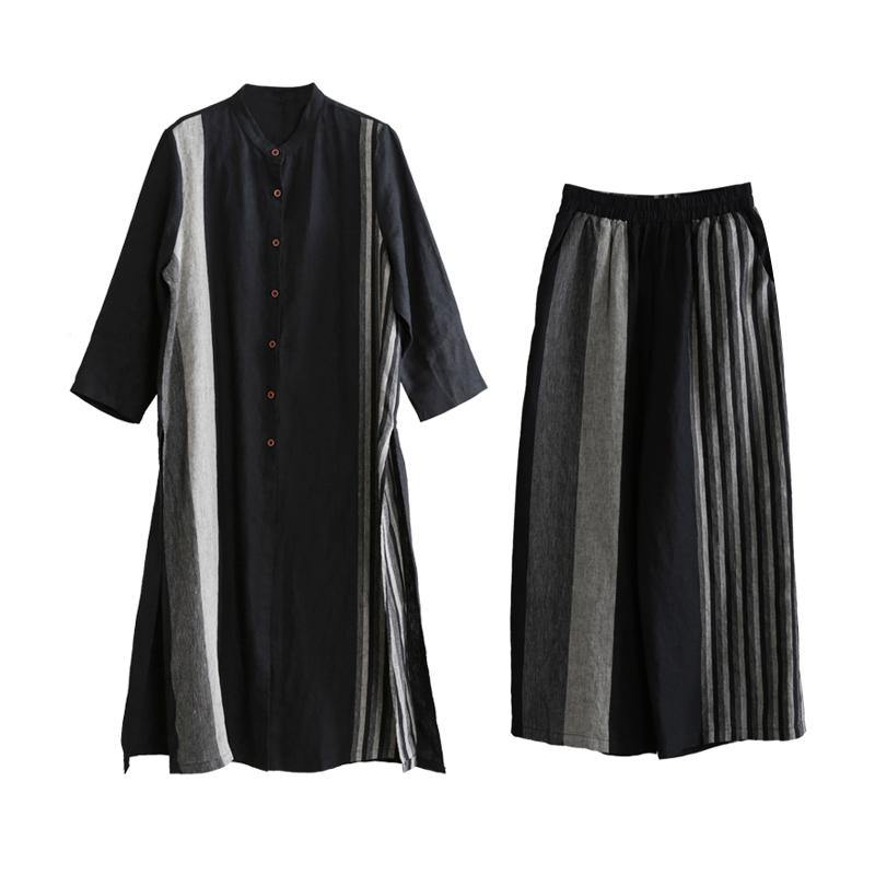 2020 spring linen stand collar suit women's long shirt was thin stripe cardigan wide leg pants - Omychic