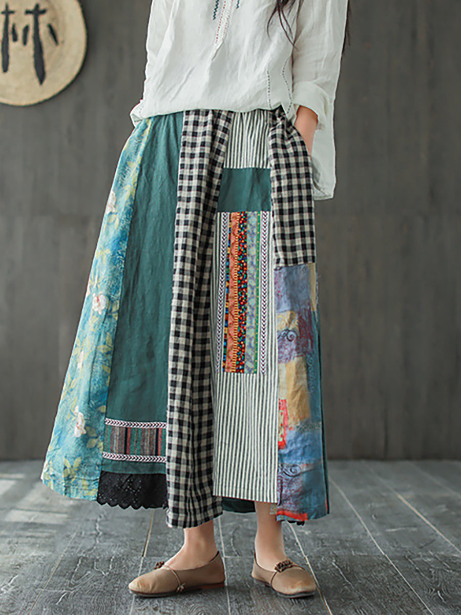 Irregular Print Spliced Plus Size Casual 100% Linen A-line Skirt