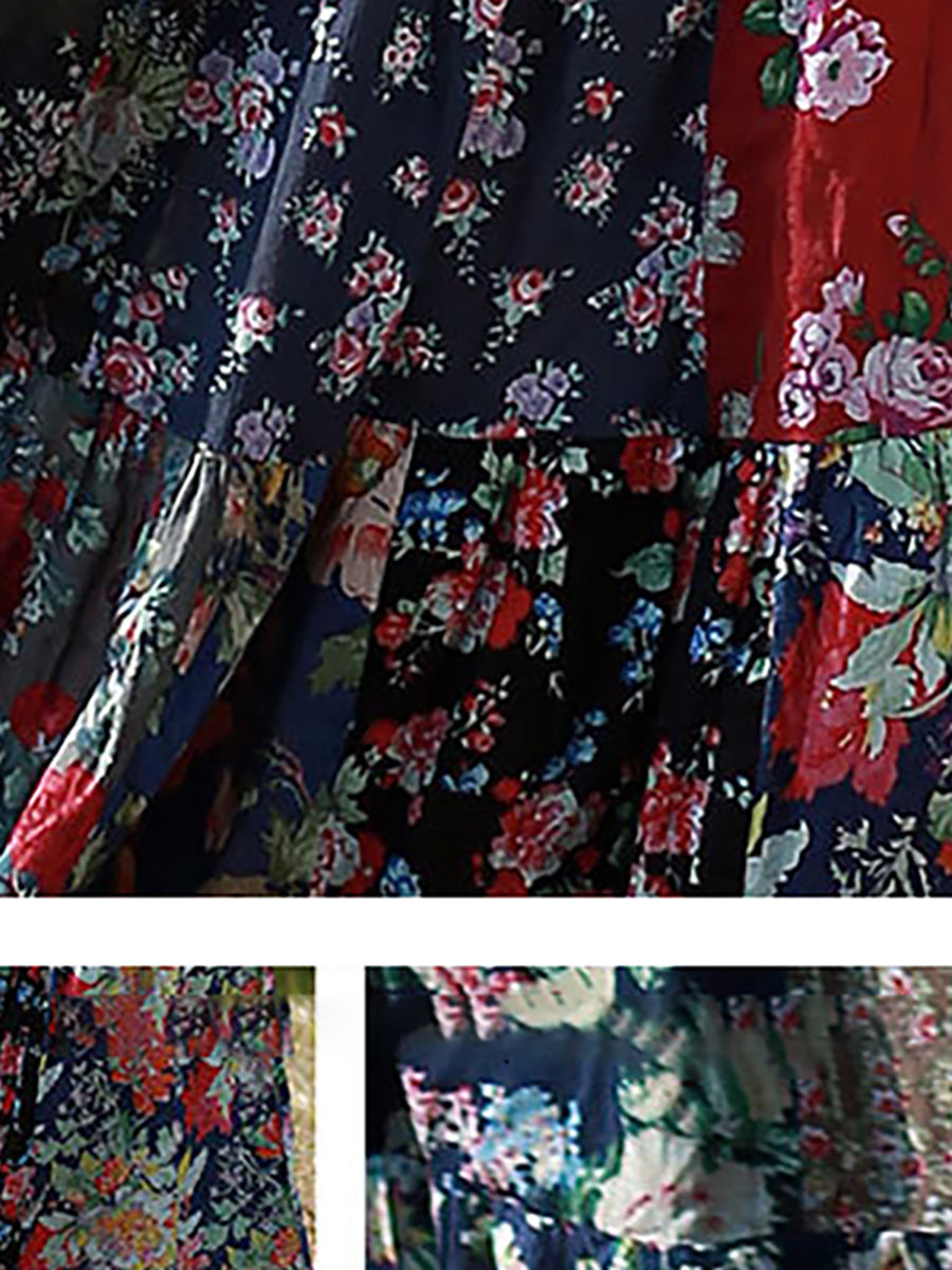 Retro Splicing Cloth Flower Printed Floral Skirt