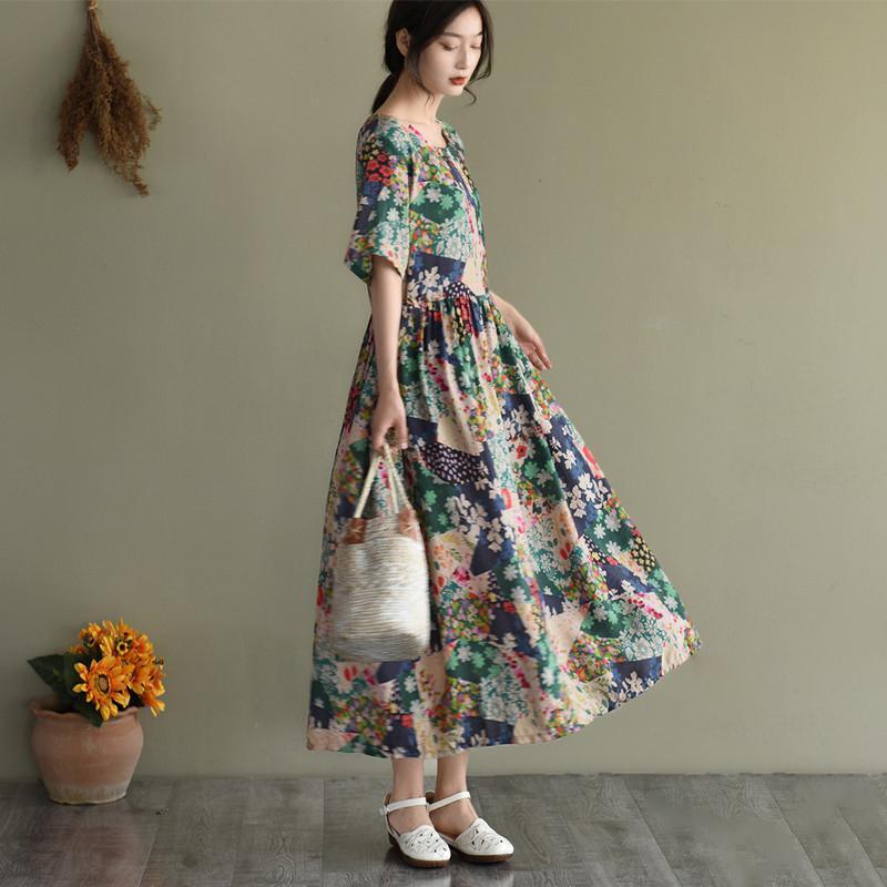 2021 Floral Prints Short Sleeve Summer Loose Dress - Omychic