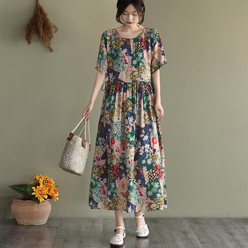 2021 Floral Prints Short Sleeve Summer Loose Dress - Omychic