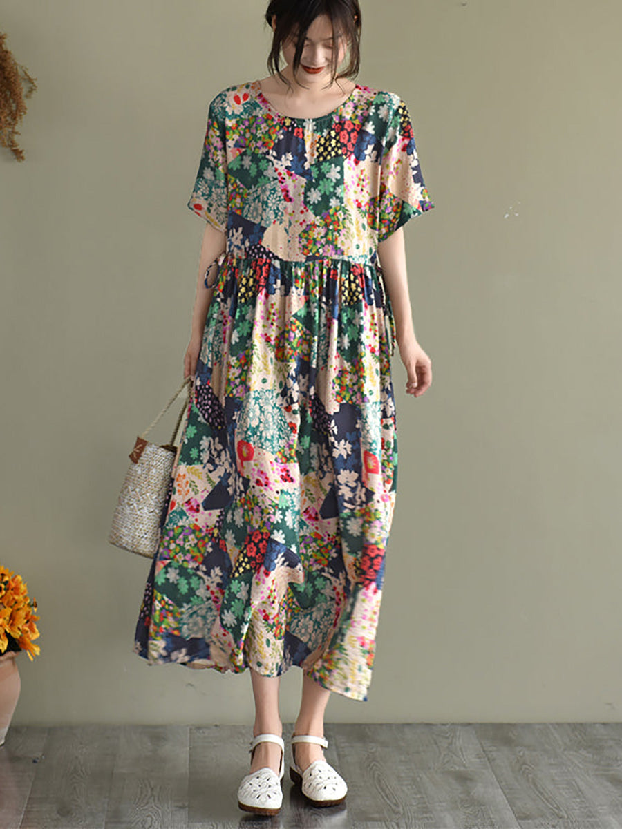 Women Floral Print Summer Loose Dress Short Sleeve