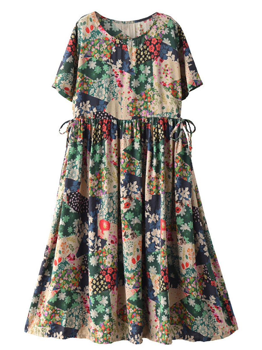 Women Floral Print Summer Loose Dress Short Sleeve