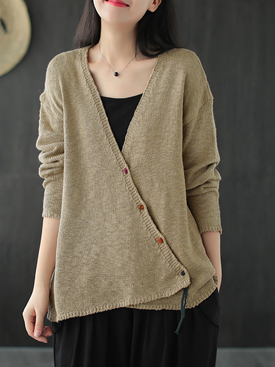 Fall Knitted Retro Solid Color V-neck Sweater