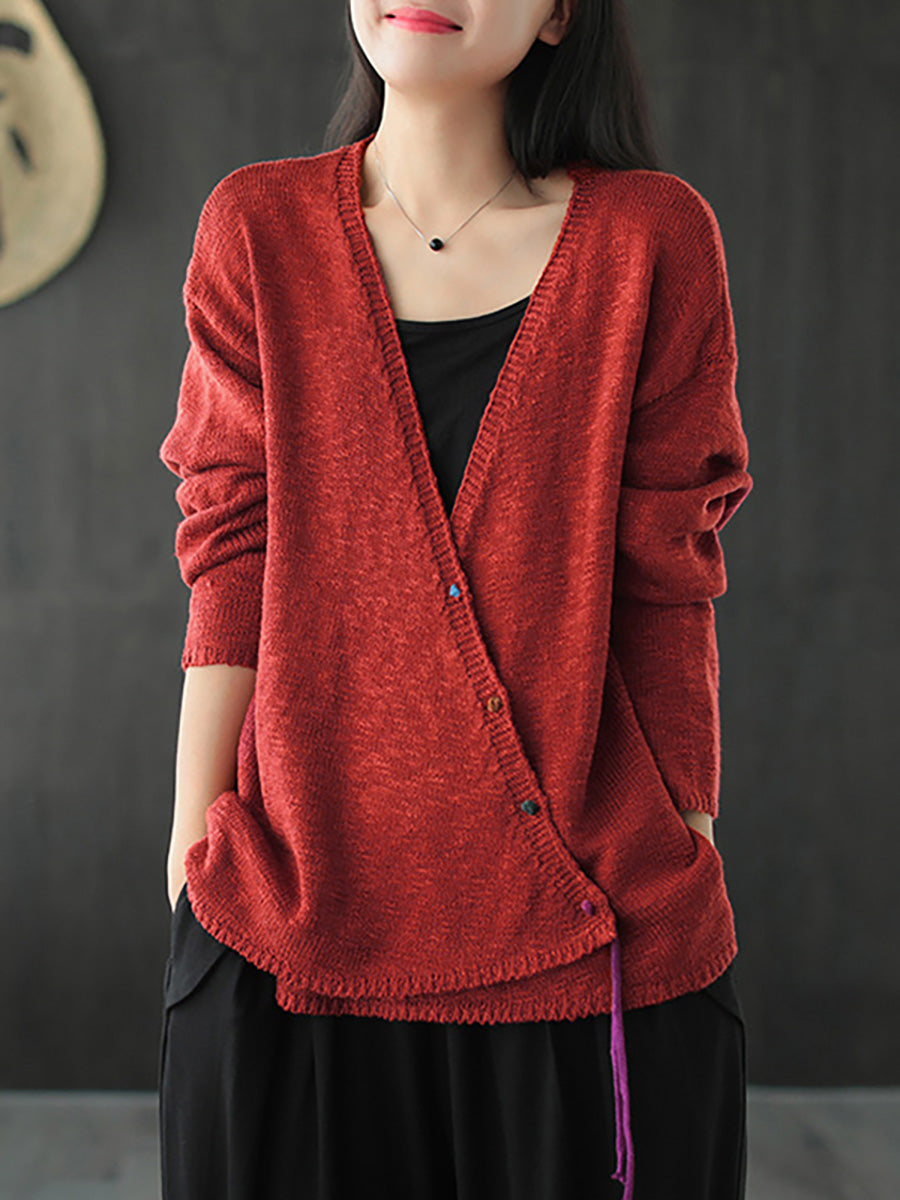 Fall Knitted Retro Solid Color V-neck Sweater