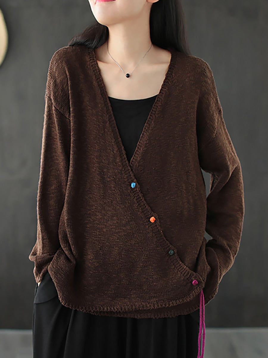 Fall Knitted Retro Solid Color V-neck Sweater