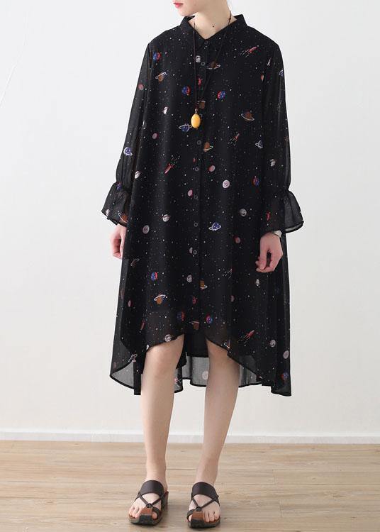 2021 Spring Summer Black Chiffon Flared Sleeve Floral Dress - Omychic