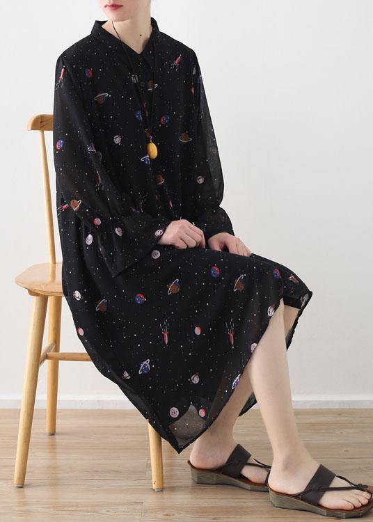 2021 Spring Summer Black Chiffon Flared Sleeve Floral Dress - Omychic