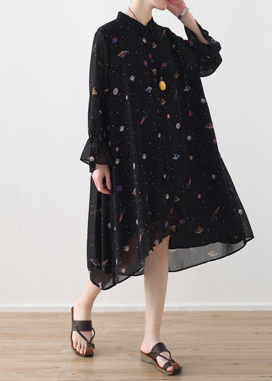 2021 Spring Summer Black Chiffon Flared Sleeve Floral Dress - Omychic