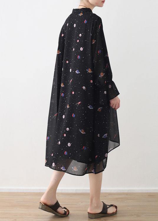 2021 Spring Summer Black Chiffon Flared Sleeve Floral Dress - Omychic