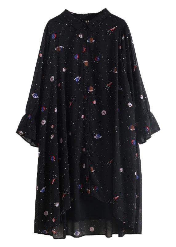 2021 Spring Summer Black Chiffon Flared Sleeve Floral Dress - Omychic