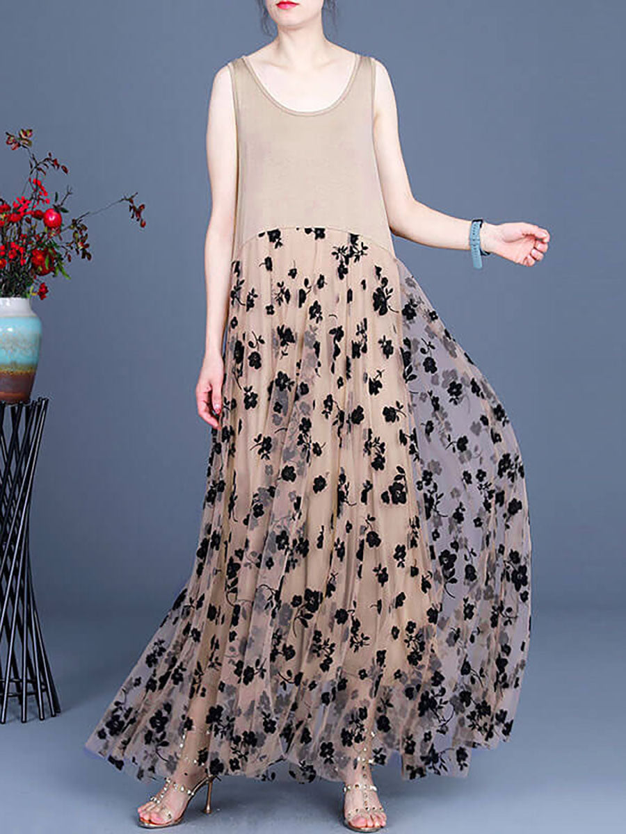 Women Lace Casual Retro Stitching Maxi Dress