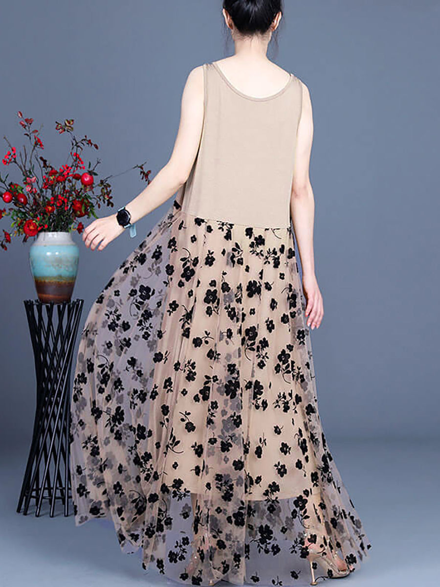 Women Lace Casual Retro Stitching Maxi Dress