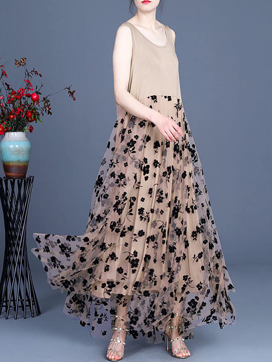 Women Lace Casual Retro Stitching Maxi Dress