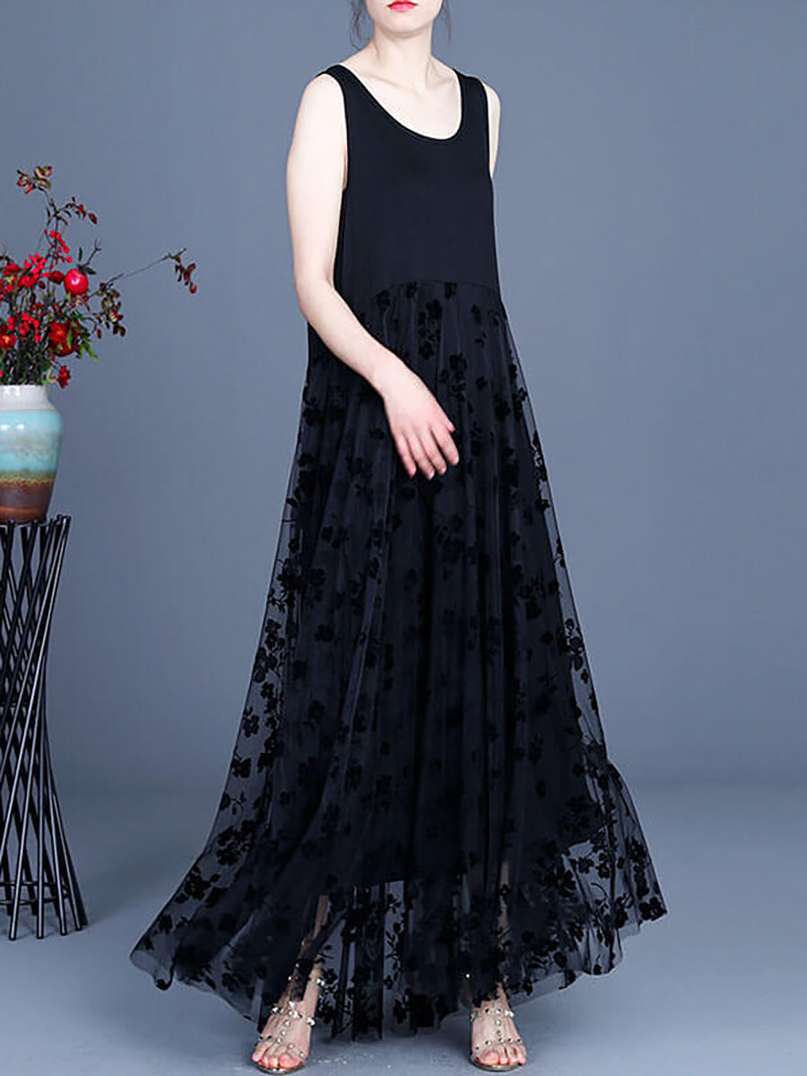 Women Lace Casual Retro Stitching Maxi Dress