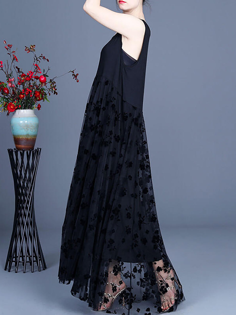 Women Lace Casual Retro Stitching Maxi Dress