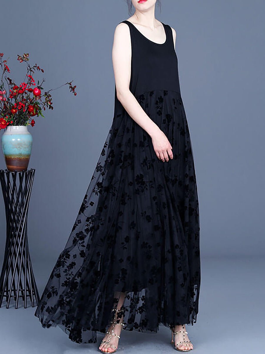 Women Lace Casual Retro Stitching Maxi Dress