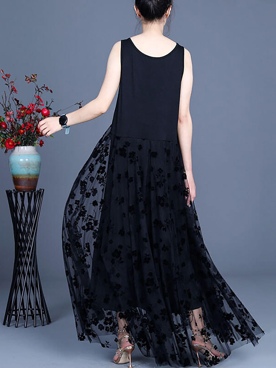 Women Lace Casual Retro Stitching Maxi Dress