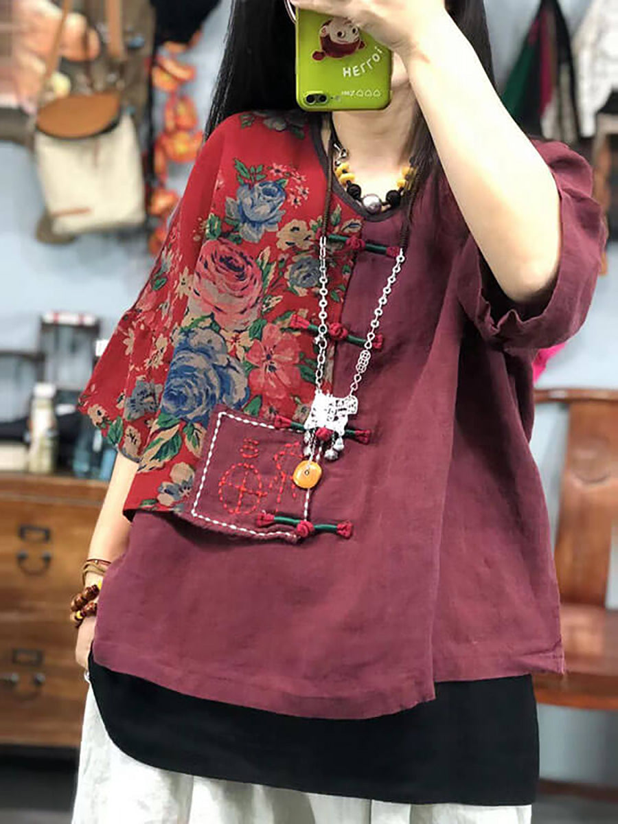 Vintage Embroidered Floral Print Retro Linen Stitching Tops