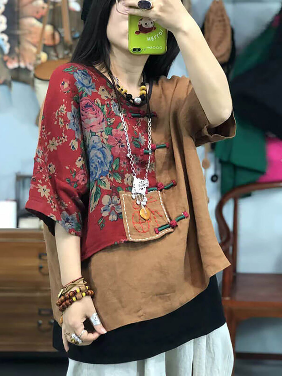 Vintage Embroidered Floral Print Retro Linen Stitching Tops