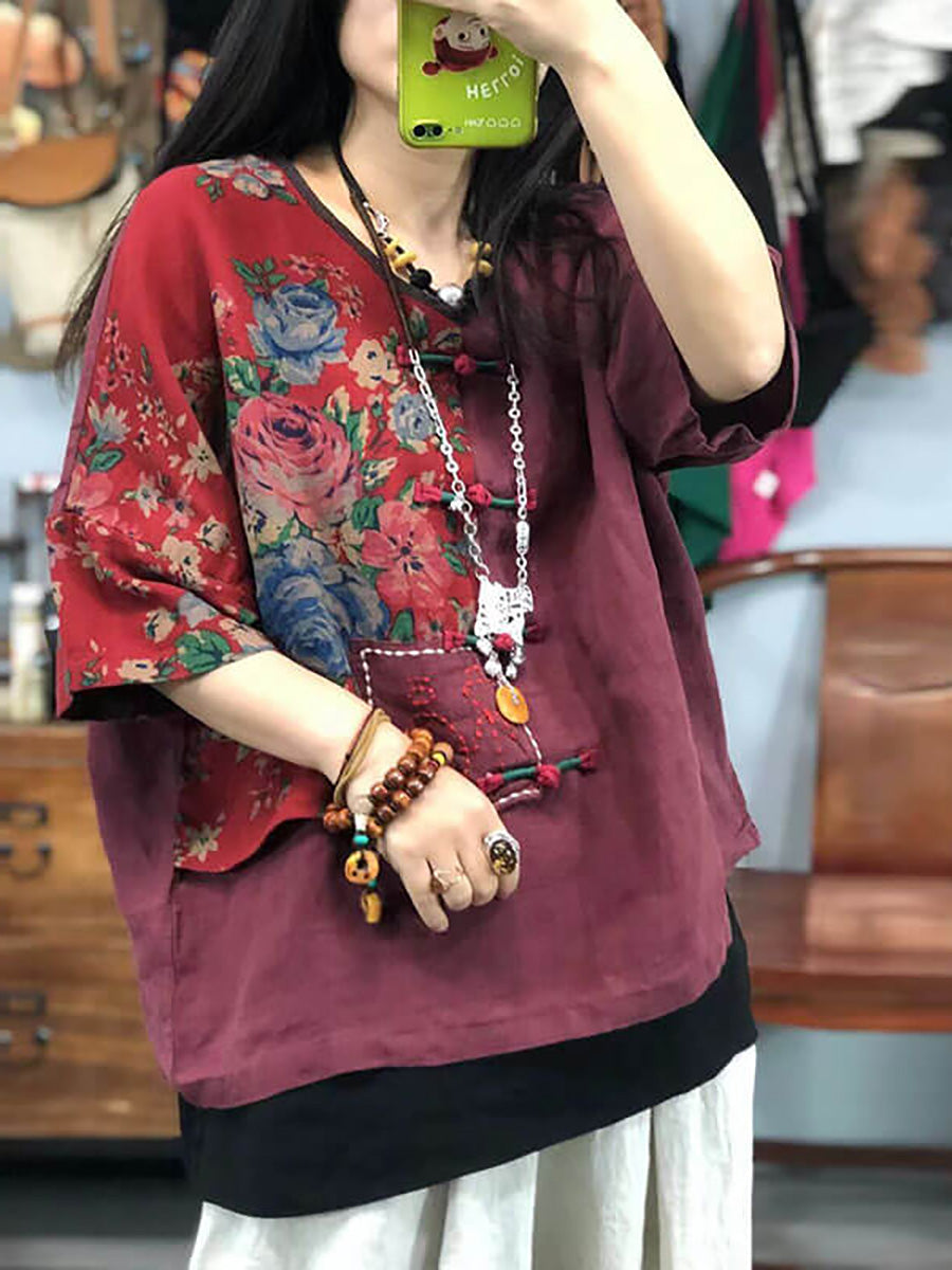 Vintage Embroidered Floral Print Retro Linen Stitching Tops