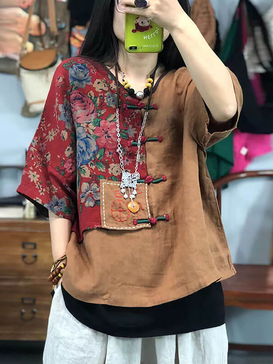Vintage Embroidered Floral Print Retro Linen Stitching Tops