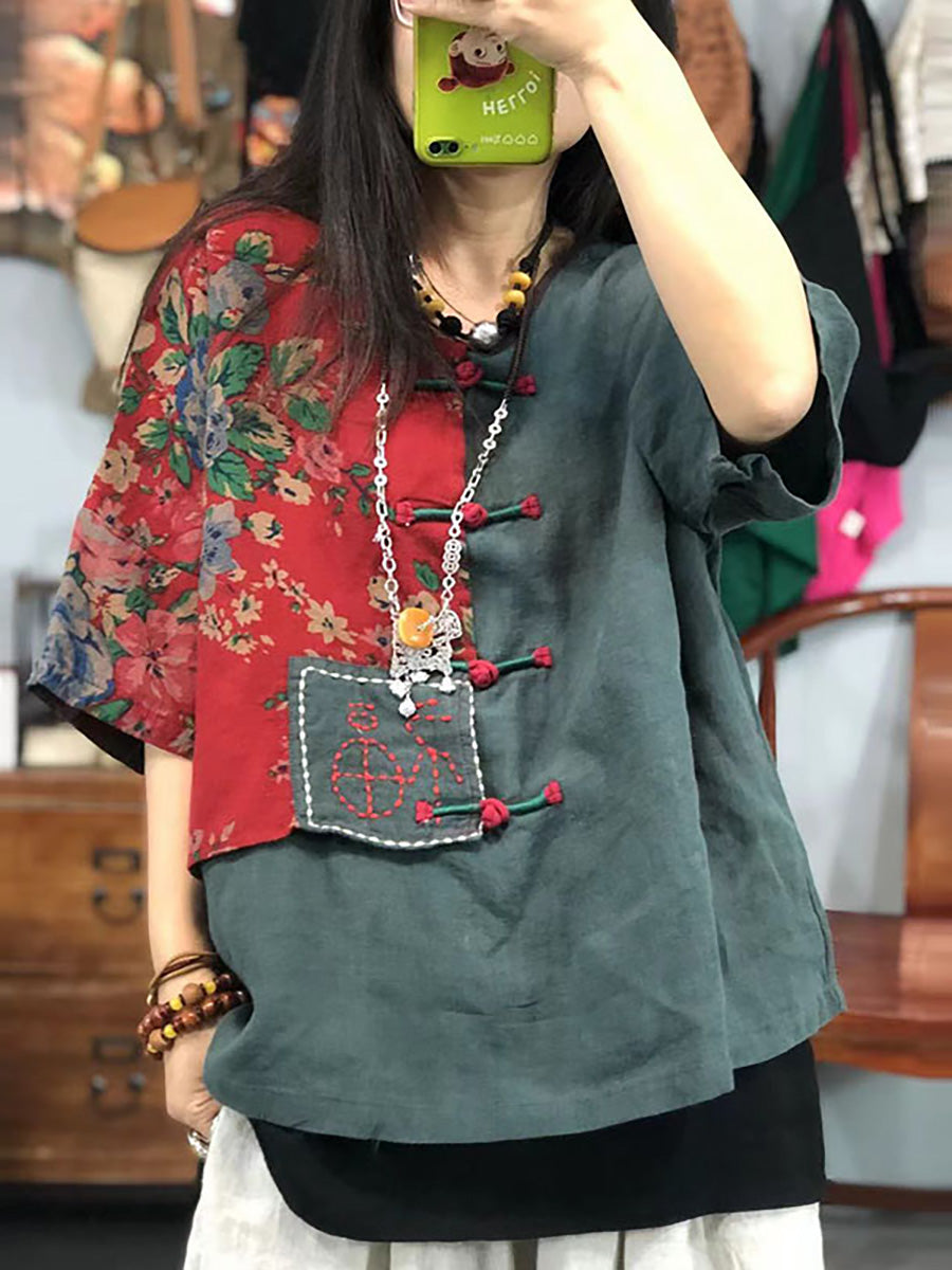 Vintage Embroidered Floral Print Retro Linen Stitching Tops