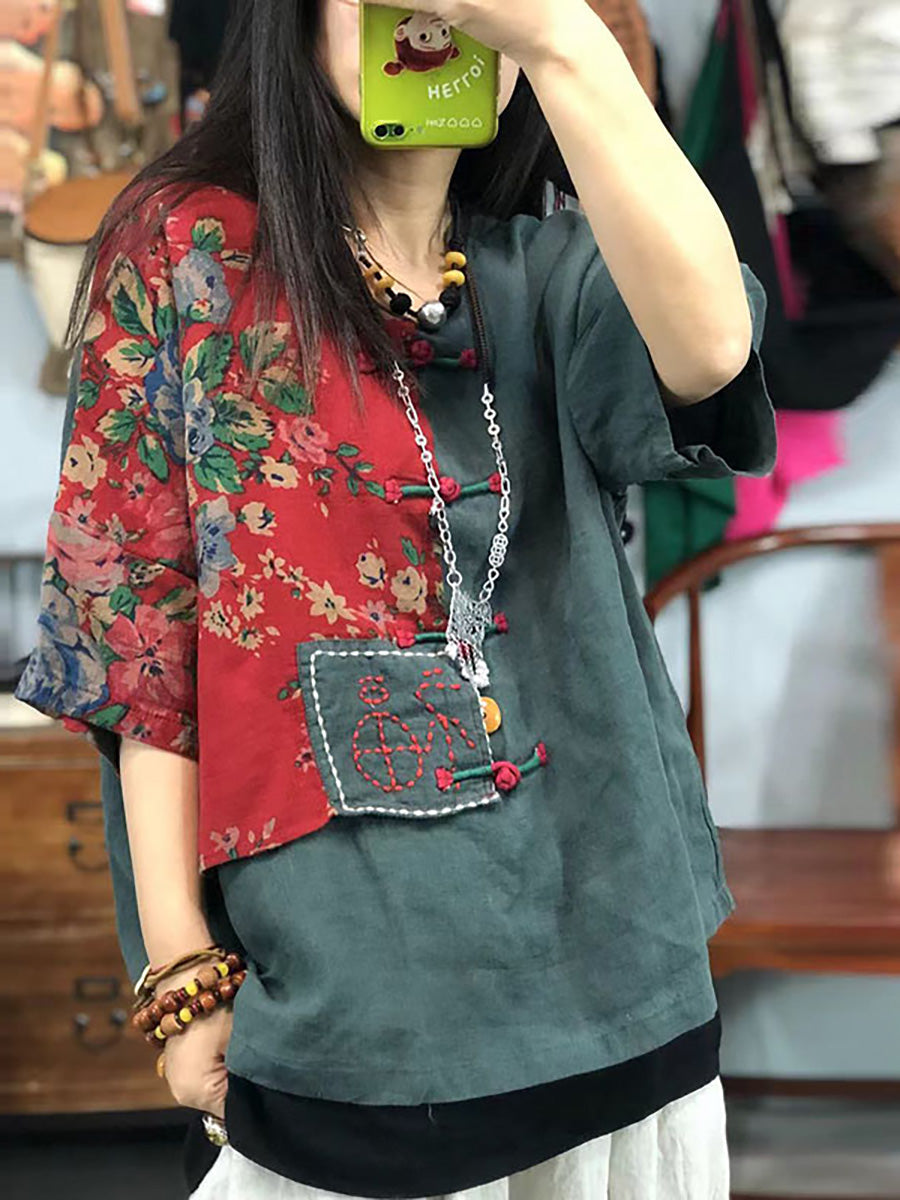 Vintage Embroidered Floral Print Retro Linen Stitching Tops