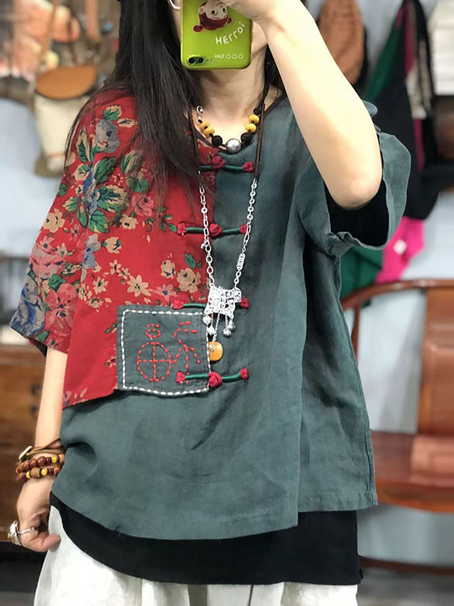 Vintage Embroidered Floral Print Retro Linen Stitching Tops