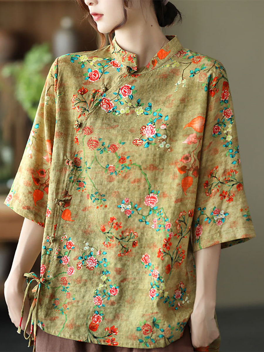 Women Loose Cotton Linen Floral Irregular Vintage Shirt