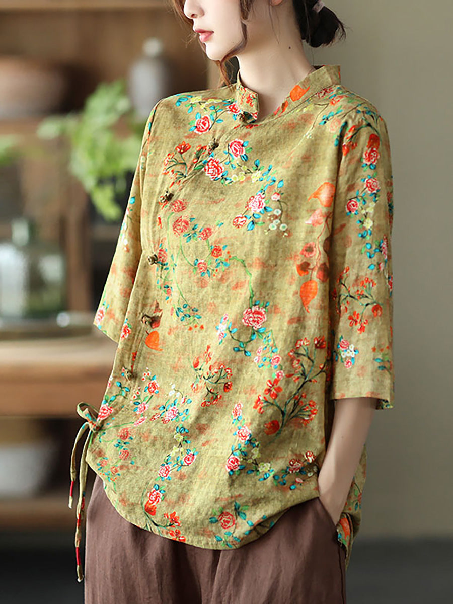 Women Loose Cotton Linen Floral Irregular Vintage Shirt
