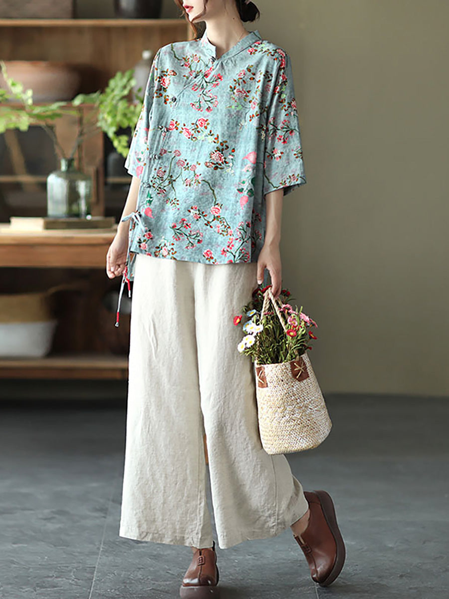 Women Loose Cotton Linen Floral Irregular Vintage Shirt